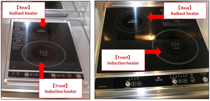 If your cooktop has two stoves, the front stove may be an induction heater, and the rear stove may be a radiant heater as shown in the following pictures